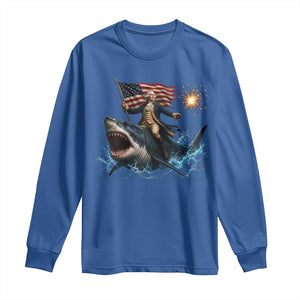 George Washington Riding Shark Long Sleeve Shirt Funny 4th Of July Independence Day 1776 Meme American Flag