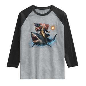 George Washington Riding Shark Raglan Shirt Funny 4th Of July Independence Day 1776 Meme American Flag