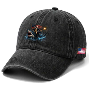 George Washington Riding Shark Washed Cotton Baseball Cap Funny 4th Of July Independence Day 1776 Meme American Flag