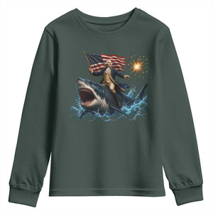 George Washington Riding Shark Youth Sweatshirt Funny 4th Of July Independence Day 1776 Meme American Flag