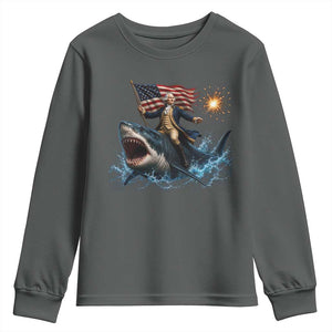 George Washington Riding Shark Youth Sweatshirt Funny 4th Of July Independence Day 1776 Meme American Flag