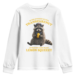 Funny Raccoon Meme Youth Sweatshirt In The Interest Of Full Transparency It Was Not Easy Peasy Lemon Squeezy