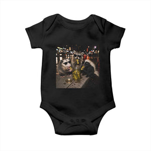Funny Raccoon Skunk Possum Eating Pickles Baby Onesie Support Local Street Cats Retro Animal Meme