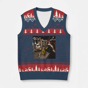 Funny Raccoon Skunk Possum Eating Pickles V-Neck Knit Sweater Vest Support Local Street Cats Retro Animal Meme