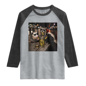 Funny Raccoon Skunk Possum Eating Pickles Raglan Shirt Support Local Street Cats Retro Animal Meme