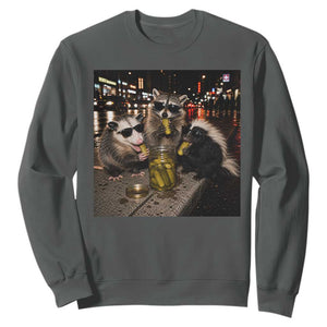 Funny Raccoon Skunk Possum Eating Pickles Sweatshirt Support Local Street Cats Retro Animal Meme
