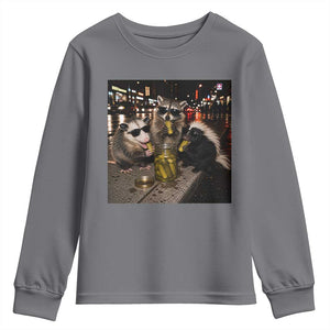 Funny Raccoon Skunk Possum Eating Pickles Youth Sweatshirt Support Local Street Cats Retro Animal Meme