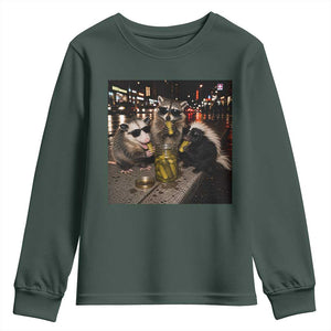 Funny Raccoon Skunk Possum Eating Pickles Youth Sweatshirt Support Local Street Cats Retro Animal Meme