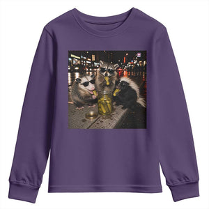 Funny Raccoon Skunk Possum Eating Pickles Youth Sweatshirt Support Local Street Cats Retro Animal Meme