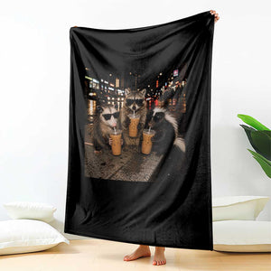 Funny Raccoon Skunk Possum Drinking Iced Coffee Throw Blanket Support Local Street Cats Retro Animal Meme