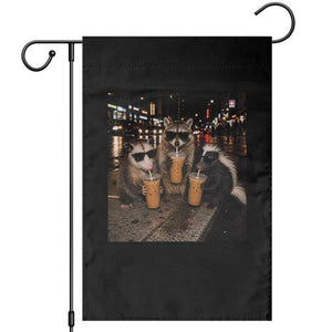 Funny Raccoon Skunk Possum Drinking Iced Coffee Garden Flag Support Local Street Cats Retro Animal Meme