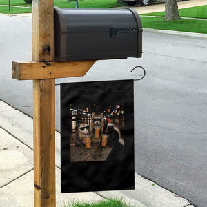 Funny Raccoon Skunk Possum Drinking Iced Coffee Garden Flag Support Local Street Cats Retro Animal Meme