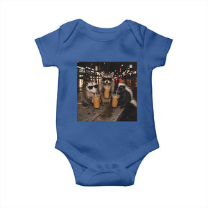 Funny Raccoon Skunk Possum Drinking Iced Coffee Baby Onesie Support Local Street Cats Retro Animal Meme