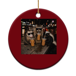 Funny Raccoon Skunk Possum Drinking Iced Coffee Ceramic Ornament Support Local Street Cats Retro Animal Meme