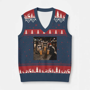 Funny Raccoon Skunk Possum Drinking Iced Coffee V-Neck Knit Sweater Vest Support Local Street Cats Retro Animal Meme