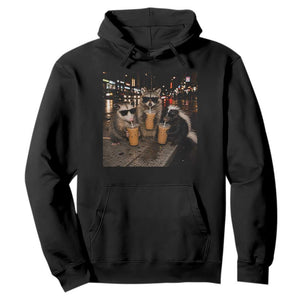 Funny Raccoon Skunk Possum Drinking Iced Coffee Hoodie Support Local Street Cats Retro Animal Meme