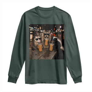 Funny Raccoon Skunk Possum Drinking Iced Coffee Long Sleeve Shirt Support Local Street Cats Retro Animal Meme