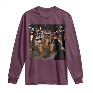 Funny Raccoon Skunk Possum Drinking Iced Coffee Long Sleeve Shirt Support Local Street Cats Retro Animal Meme