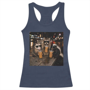 Funny Raccoon Skunk Possum Drinking Iced Coffee Racerback Tank Top Support Local Street Cats Retro Animal Meme