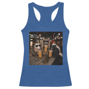 Funny Raccoon Skunk Possum Drinking Iced Coffee Racerback Tank Top Support Local Street Cats Retro Animal Meme
