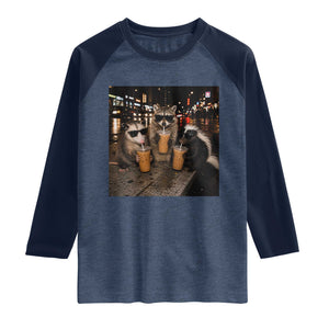 Funny Raccoon Skunk Possum Drinking Iced Coffee Raglan Shirt Support Local Street Cats Retro Animal Meme