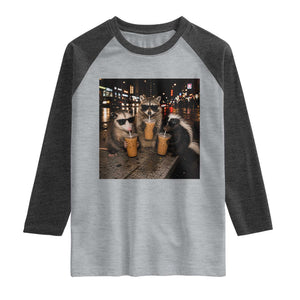 Funny Raccoon Skunk Possum Drinking Iced Coffee Raglan Shirt Support Local Street Cats Retro Animal Meme