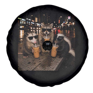 Funny Raccoon Skunk Possum Drinking Iced Coffee Spare Tire Cover Support Local Street Cats Retro Animal Meme