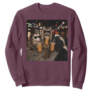 Funny Raccoon Skunk Possum Drinking Iced Coffee Sweatshirt Support Local Street Cats Retro Animal Meme
