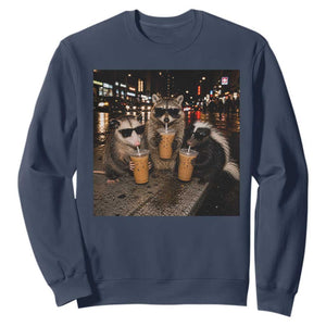 Funny Raccoon Skunk Possum Drinking Iced Coffee Sweatshirt Support Local Street Cats Retro Animal Meme