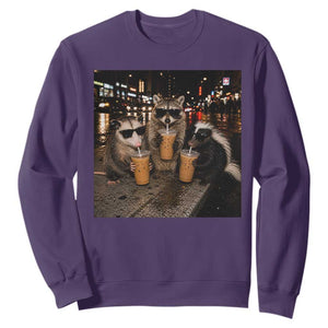 Funny Raccoon Skunk Possum Drinking Iced Coffee Sweatshirt Support Local Street Cats Retro Animal Meme