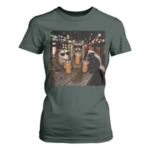 Funny Raccoon Skunk Possum Drinking Iced Coffee T Shirt For Women Support Local Street Cats Retro Animal Meme