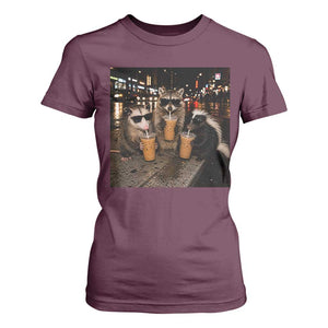 Funny Raccoon Skunk Possum Drinking Iced Coffee T Shirt For Women Support Local Street Cats Retro Animal Meme