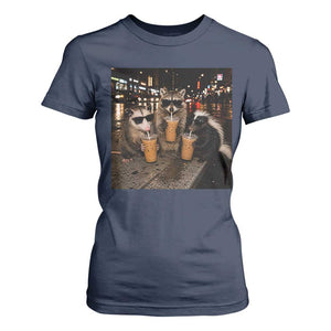 Funny Raccoon Skunk Possum Drinking Iced Coffee T Shirt For Women Support Local Street Cats Retro Animal Meme