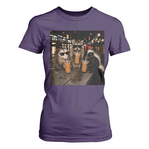 Funny Raccoon Skunk Possum Drinking Iced Coffee T Shirt For Women Support Local Street Cats Retro Animal Meme