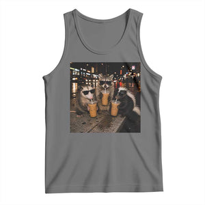 Funny Raccoon Skunk Possum Drinking Iced Coffee Tank Top Support Local Street Cats Retro Animal Meme