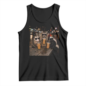 Funny Raccoon Skunk Possum Drinking Iced Coffee Tank Top Support Local Street Cats Retro Animal Meme