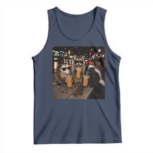 Funny Raccoon Skunk Possum Drinking Iced Coffee Tank Top Support Local Street Cats Retro Animal Meme