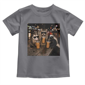 Funny Raccoon Skunk Possum Drinking Iced Coffee Toddler T Shirt Support Local Street Cats Retro Animal Meme