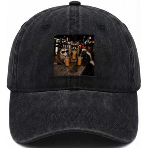 Funny Raccoon Skunk Possum Drinking Iced Coffee Washed Cotton Baseball Cap Support Local Street Cats Retro Animal Meme
