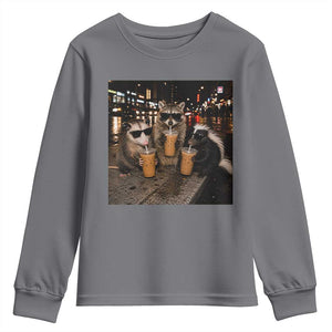 Funny Raccoon Skunk Possum Drinking Iced Coffee Youth Sweatshirt Support Local Street Cats Retro Animal Meme