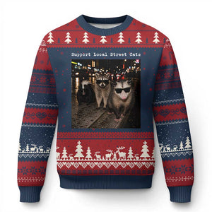 Support Local Street Cats Ugly Christmas Sweater Funny Raccoon Skunk Possum Animal Meme