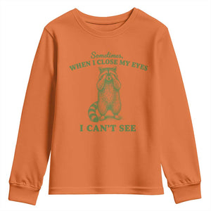 Funny Raccoon Meme Youth Sweatshirt Sometimes When I Close My Eyes I Cant See Vintage Trash Panda
