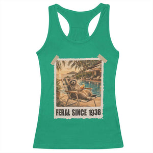 Funny Raccoon Feral Since 1936 90th Birthday Racerback Tank Top Vintage 90 Year Old Gift