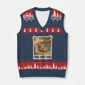 Funny Raccoon Feral Since 1946 80th Birthday V-Neck Knit Sweater Vest Vintage 80 Year Old Gift