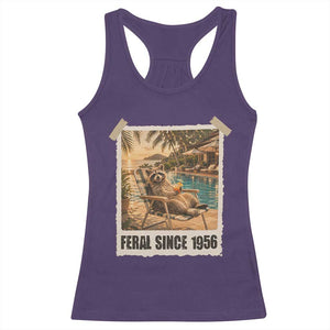 Funny Raccoon Feral Since 1956 70th Birthday Racerback Tank Top Vintage 70 Year Old Gift