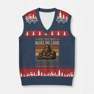 Does This Make Me Look Professionally Developed Funny Bigfoot V-Neck Knit Sweater Vest Sasquatch Retro Humor