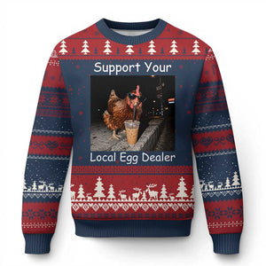 Support Local Dealer Chicken Farmer Ugly Christmas Sweater Funny Animal Graphic Chicken Drinking Iced Coffee