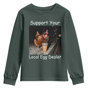 Support Local Dealer Chicken Farmer Youth Sweatshirt Funny Animal Graphic Chicken Drinking Iced Coffee