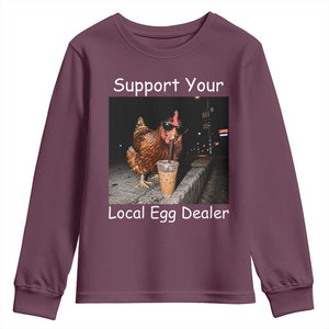 Support Local Dealer Chicken Farmer Youth Sweatshirt Funny Animal Graphic Chicken Drinking Iced Coffee
