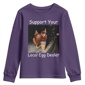 Support Local Dealer Chicken Farmer Youth Sweatshirt Funny Animal Graphic Chicken Drinking Iced Coffee
